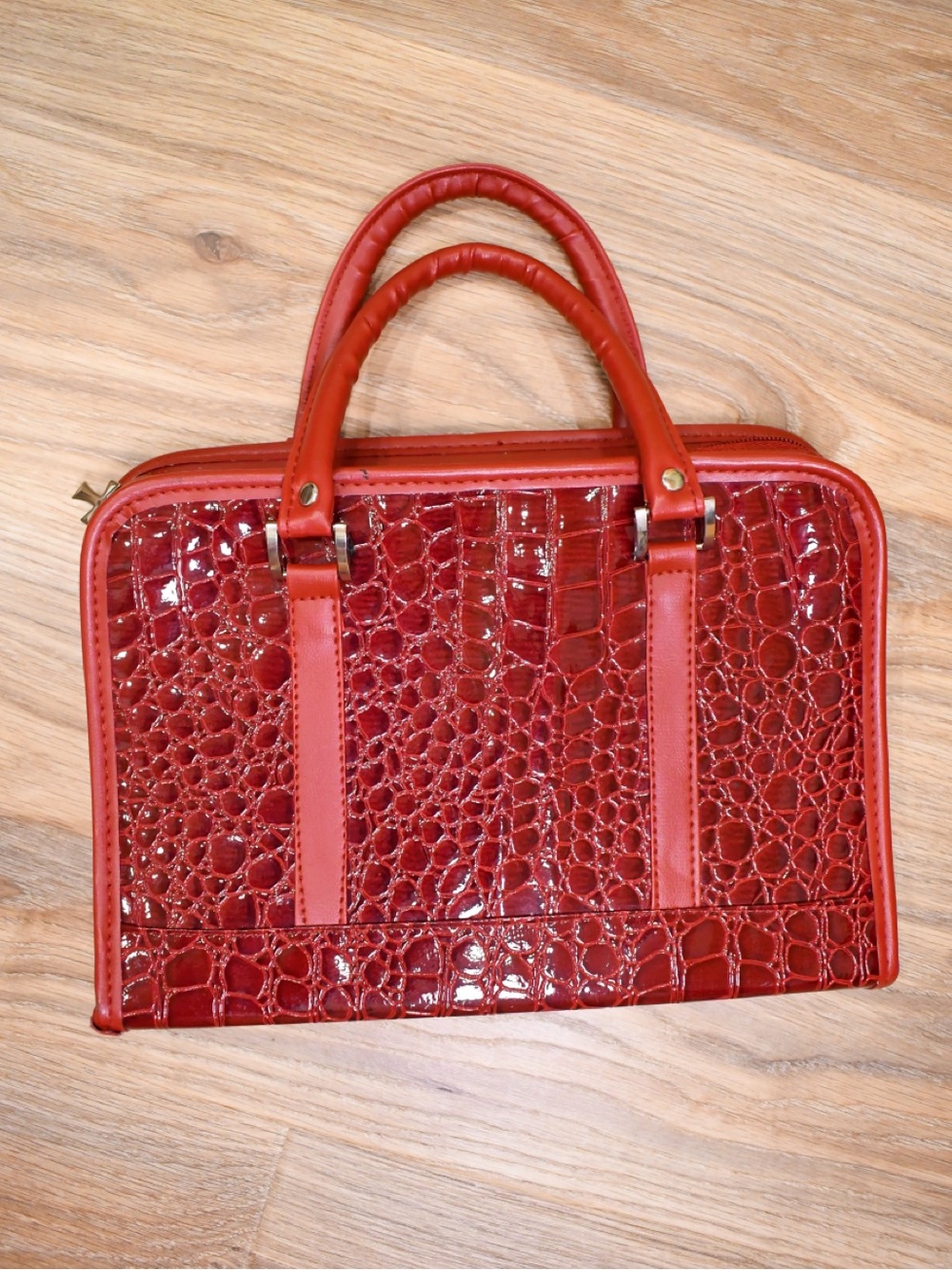 Croc-Embossed Patent Bible Cover Satchel in Burgundy